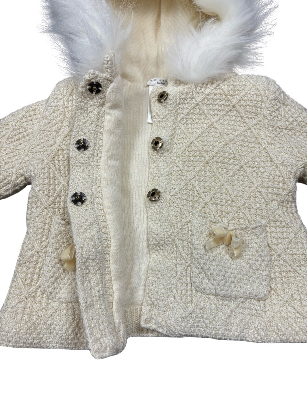 Max Studio Baby Ivory Faux Fur Hooded Sweater Coat 3-6M - Picture 4 of 9
